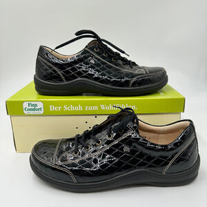 Finn Comfort Soho Sneakers Black Patent Leather Print Lace Up Size US 9.5 EU 41